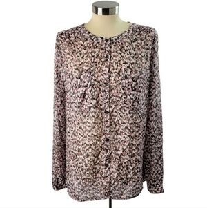LOFT Blouse Top Pink Gray Print Sheer Button Front Long Sleeve Women's Small S